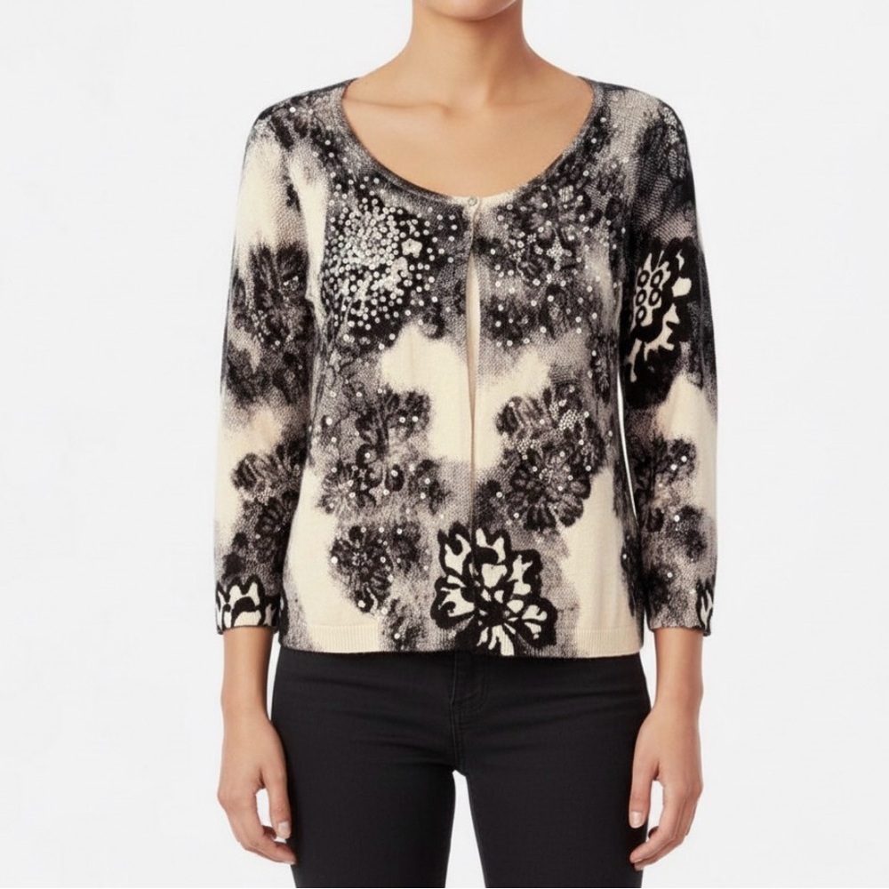 Express Black and White Floral Blouse with Embellishments